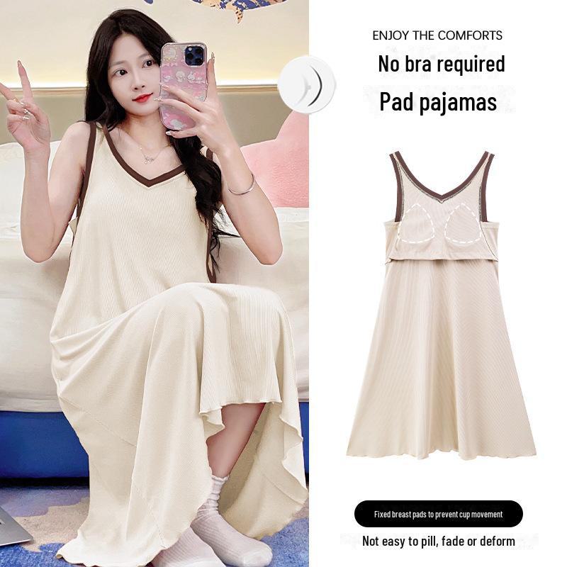 Women's Summer Ice Silk Two-Piece Nightdress with Breast Pads - Short-Sleeved, Sweet, Knee-Length