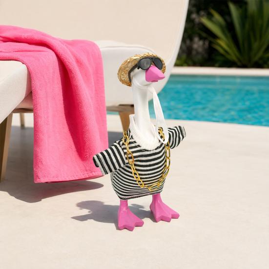 Porch Goose Costumes for 7 Inch Goose Statue, Striped Sweater Straw Hat Sunglasses Chain Set, Easy To Wear Soft Fabric Outdoor Decor Accessories