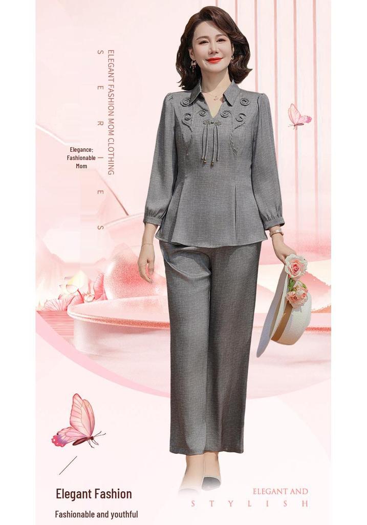 Mom's Elegant Slimming Chinese Style Two-Piece Summer Suit for Middle-Aged Women