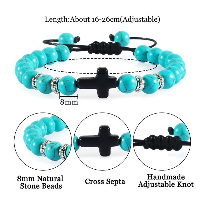 Men Women Braided Bracelet 8MM Natural Stone Christian Bless Jesus Cross Hematite Bead Bracelets Bangles Prayer Handmade Jewelry
