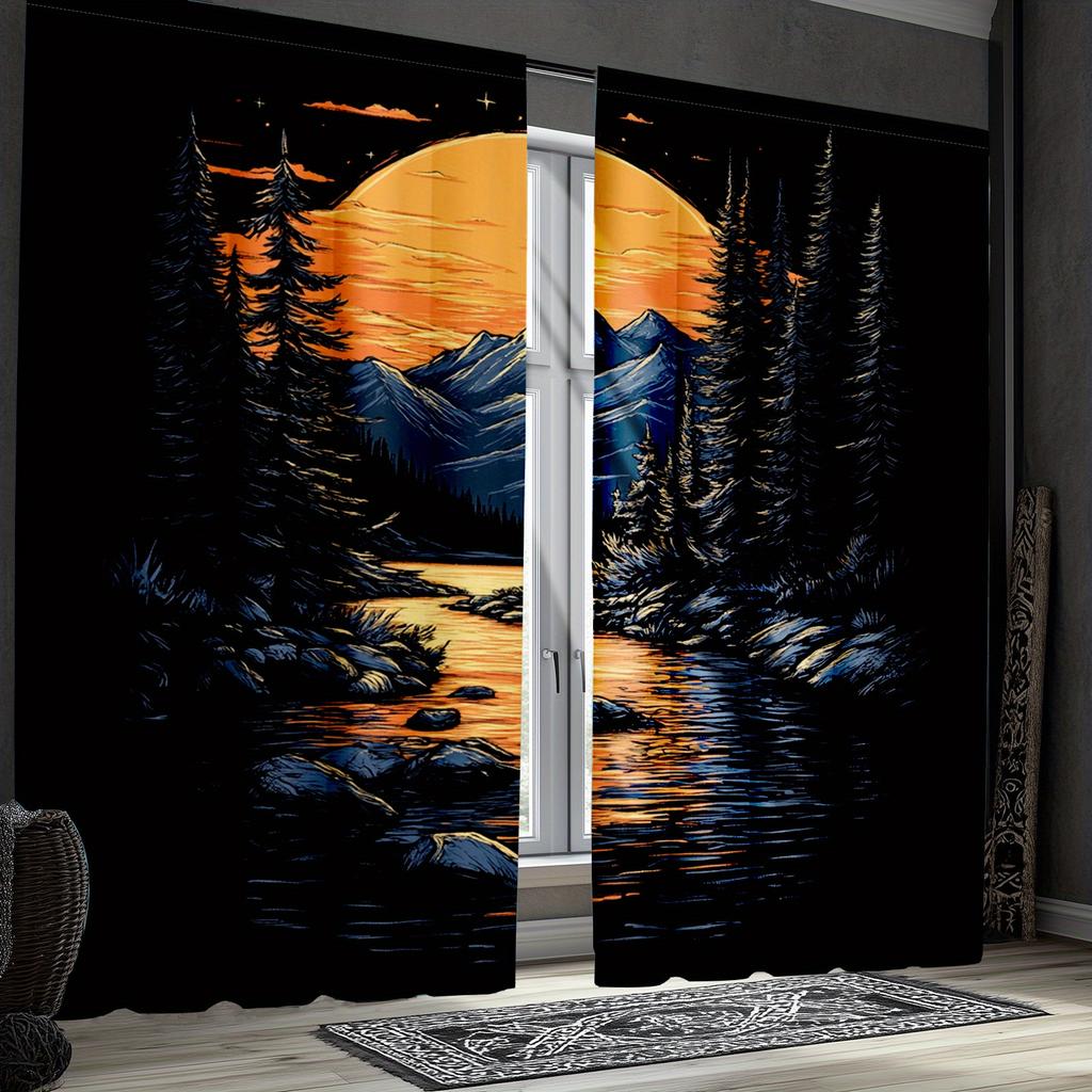 2pcs Vintage Mountain Sunset Curtains   Nature Theme Oil Painting Window Drapes for Room Decor