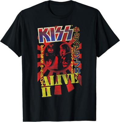 KISS Męska Czarna Retro Klasyczny Krój Krótki Rękaw - Koszulka Unisex z Graficznym Motywem z Trasy Alive II