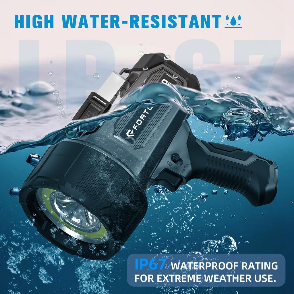 FORTO Compact Rechargeable 7 Light Child Carrying Emergency Power Gray Light, Powerful, Modes, Spot, Searchlight, Lock, Case, Supplies, Camping,