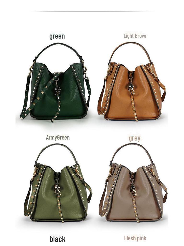 Echt Lederen Nieten Emmer Tas met Tijgerkop - Trendy Europese & Amerikaanse Crossbody Schouder Handtas