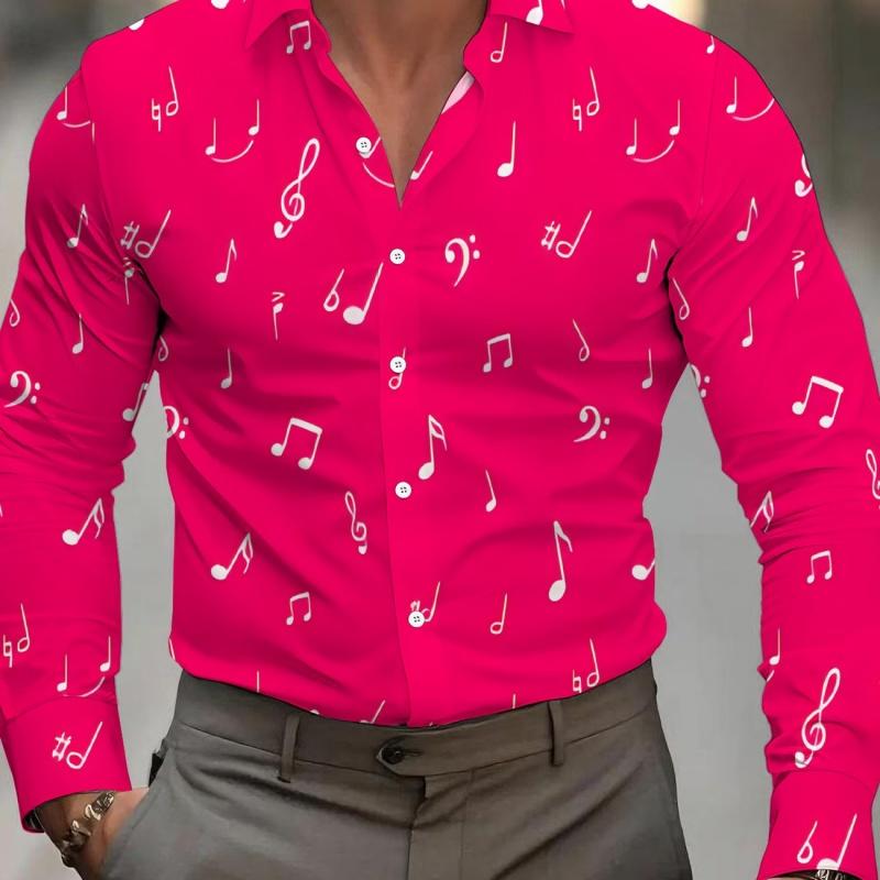 Men's Music Note Print Long Sleeve Shirt Fashion Slim Fit Button Down Casual Blouse Tops