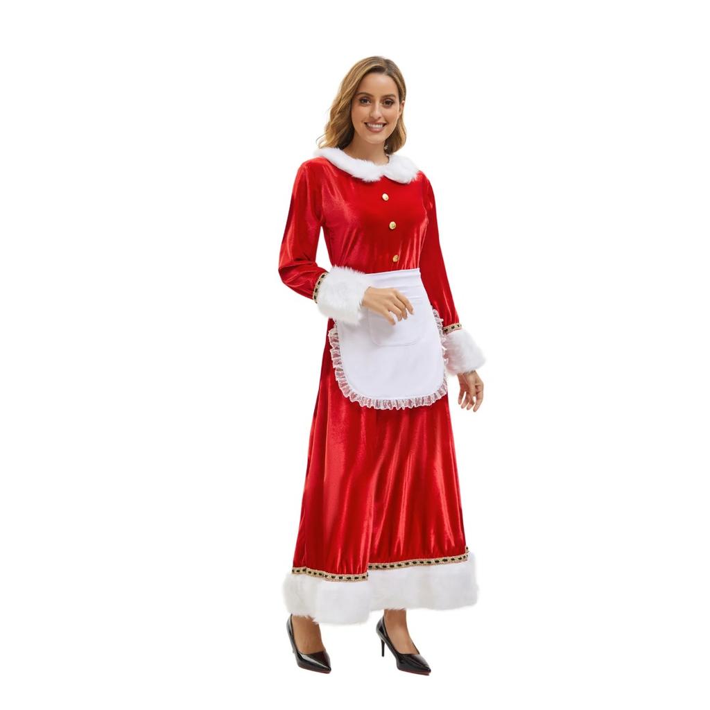 LYRIA New Christmas Adult Plush Edge Dress Women's Holiday Party Costume Santa Claus Cosplay Hat Apron Set Performance Costume