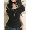 Elegant Polka Dot Bow Tied Off Shoulder Summer Top Women Irregular Short Sleeve T Shirt Korean Slim Fit Casual Plain Tees