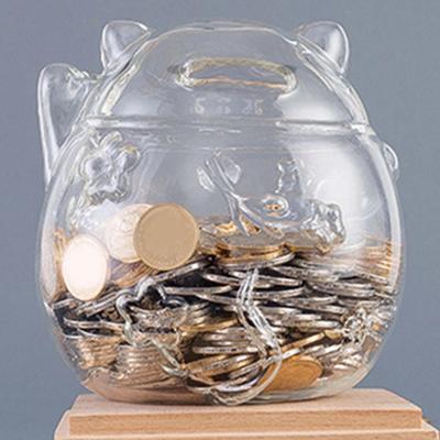 Cat Shaped Money Bank Clear Glass 4.3x4.7inch Lovely Transparent Child Saving Pot for Children