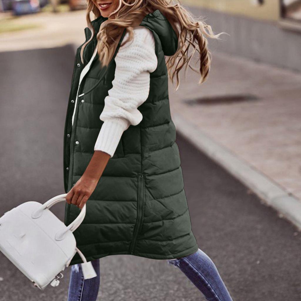 Women's Hooded Padded Vest Color Single-Breasted Mid-Length Slim Fit Sleeveless Jacket Coat