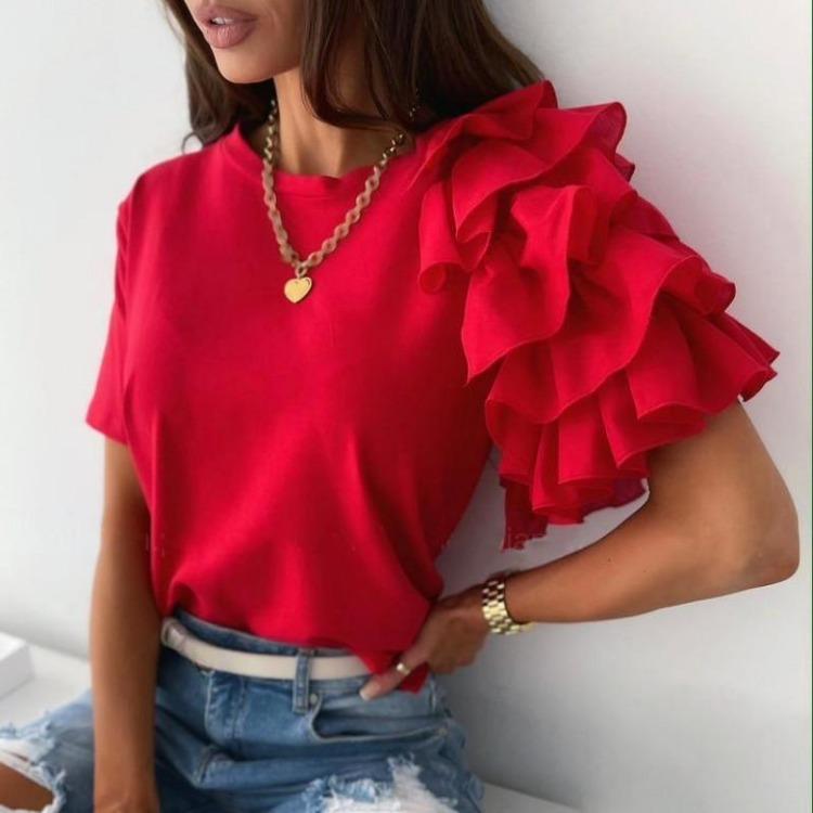 Women Casual Fashion Short Sleeve O Neck Solid Color Print Blouses Shirts for Spring Summer