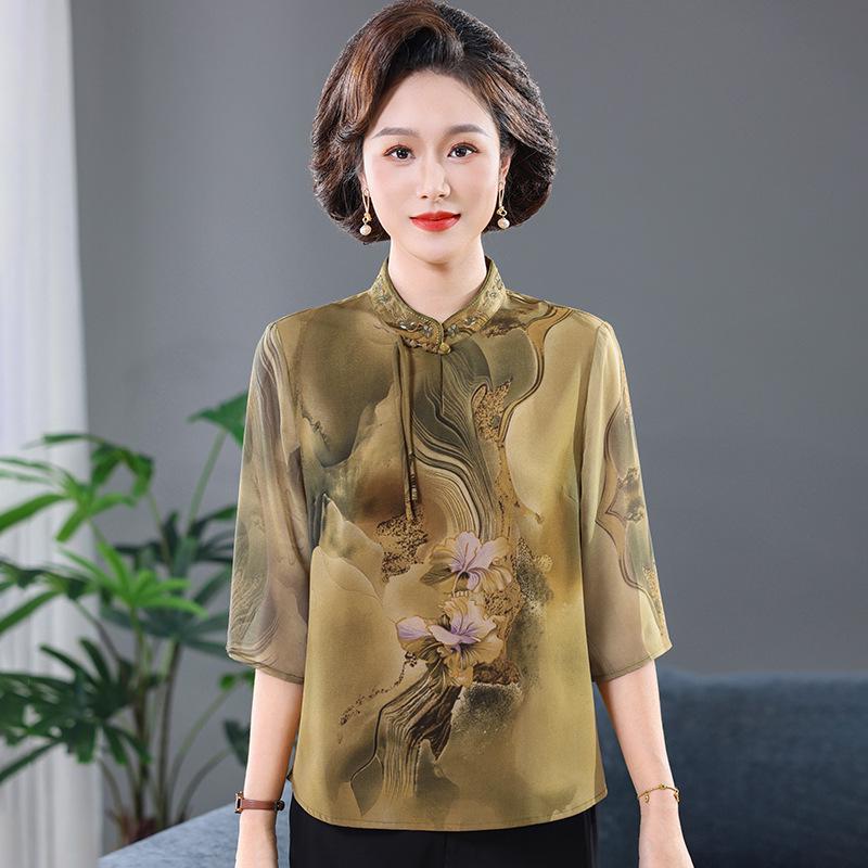 

2026 Summer New Arrival: Versatile Chiffon Seven-Sleeve Shirt for Middle-Aged Women 2XL [105-120 lbs] жёлтый/горчичный