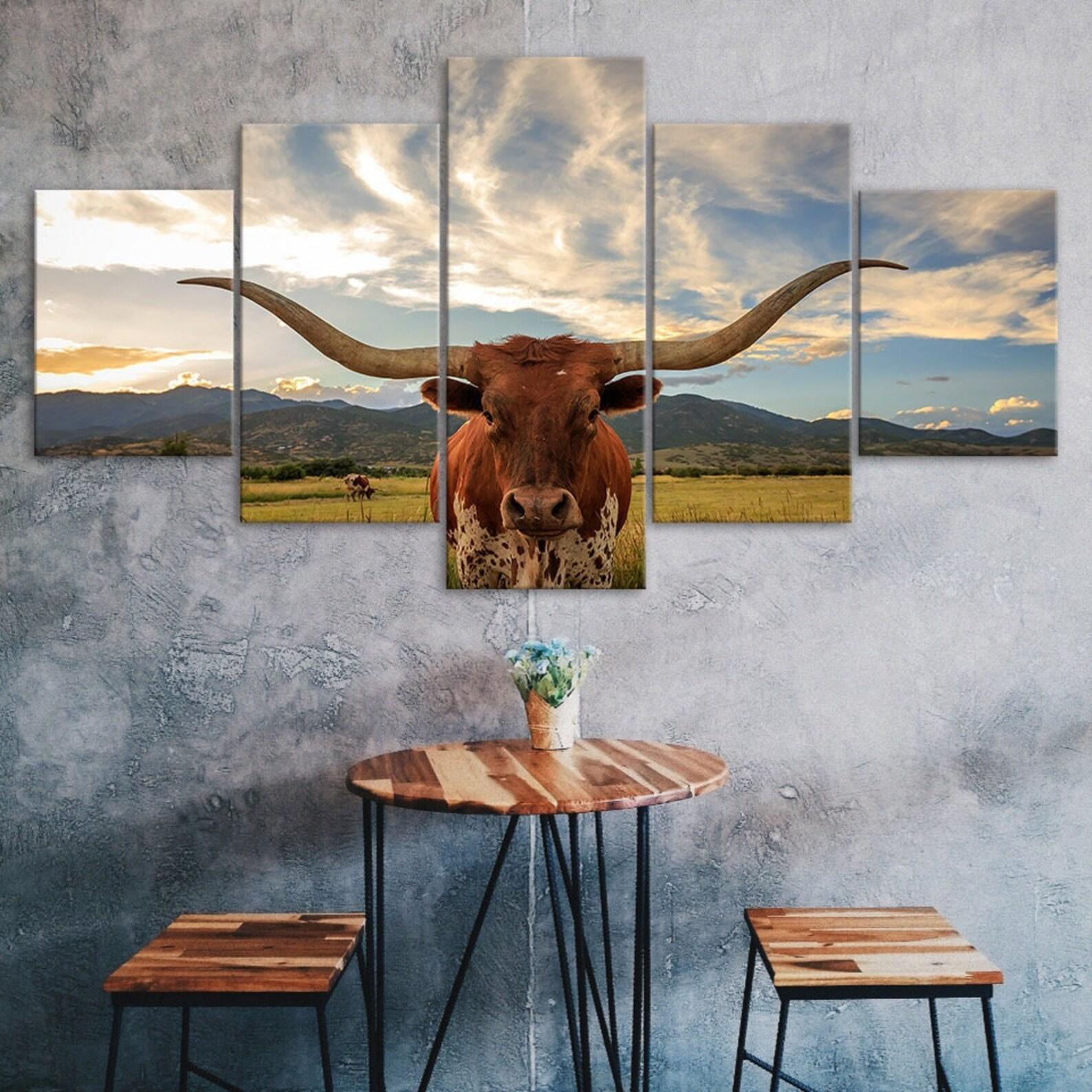

Longhorn Cattle Ox Cow Farms Animal 5 Piece Five Panel Wall Canvas Print Modern Art Poster Picture Home Decor Gift For Him For Her 20X35 20X45 20X55CM