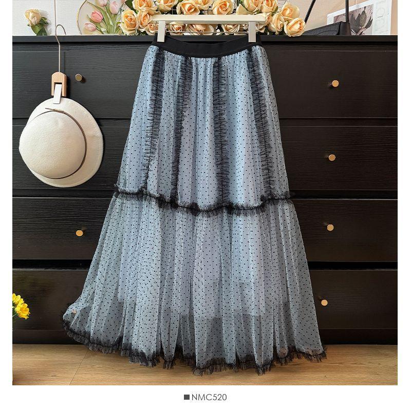

Зимняя французская романтичная милая юбка в горошек 2025 года, уменьшающая возраст, свободная юбка с маятником средней и длинной длины one size fits all синий