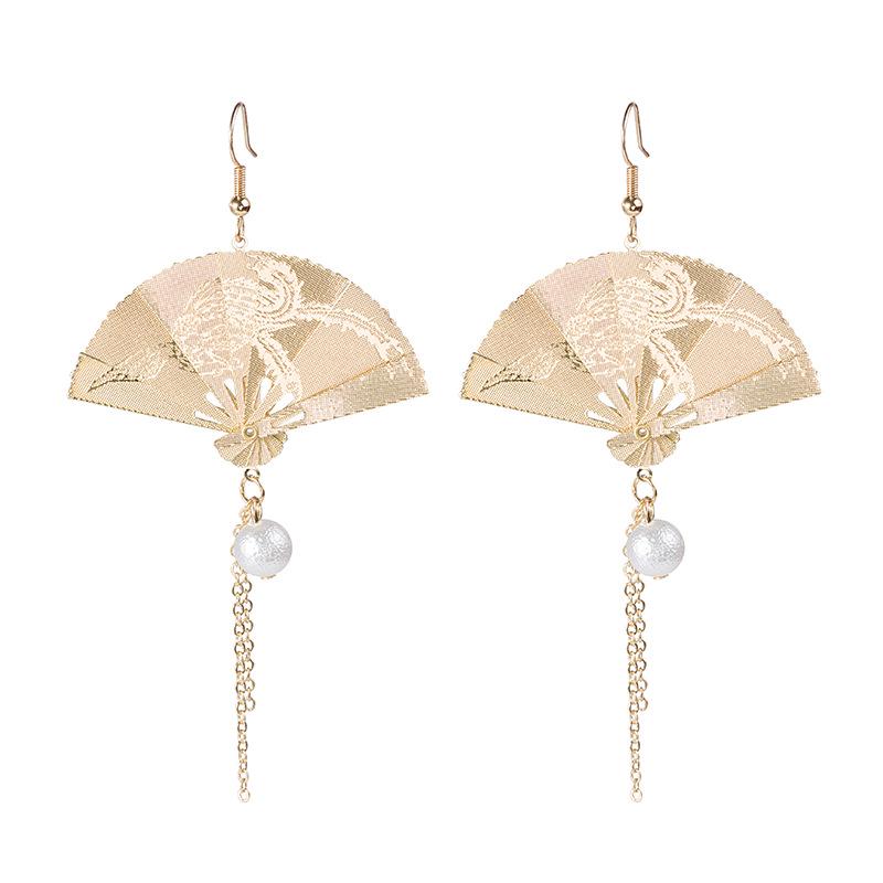 925 Silver Carved Fan Earrings with Pearls and Tassels - Hanfu Inspired Retro Style
