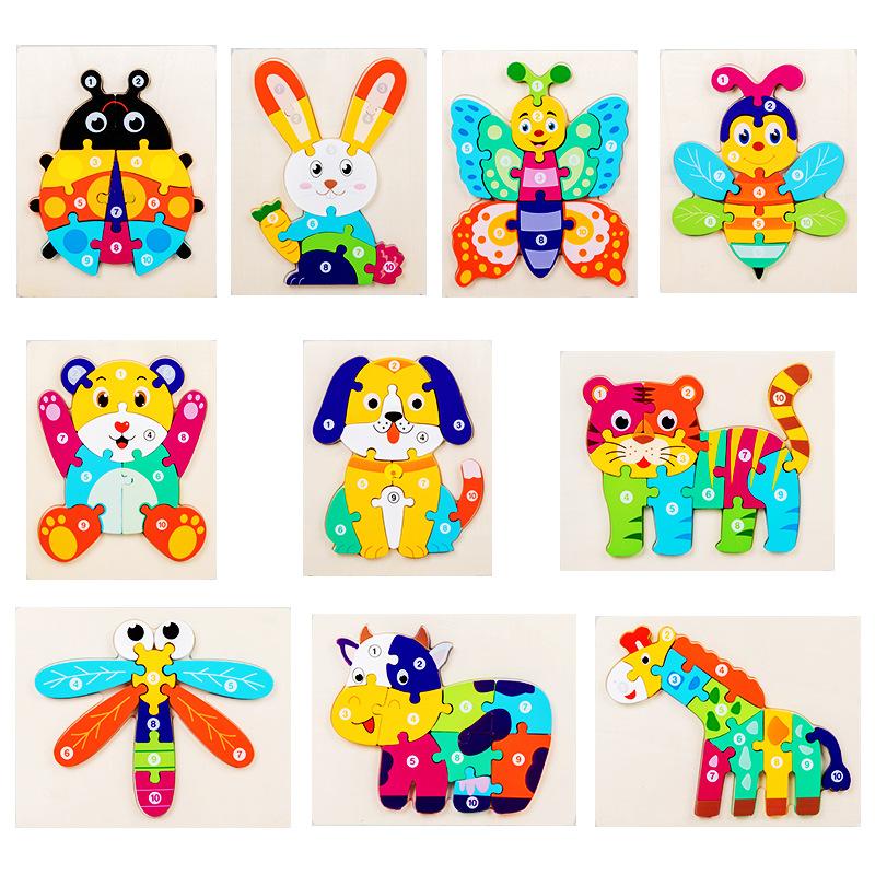 Bai Fen Bai Dolls And Toys New Wooden Children's 3D Creative Three-Dimensional Digital Cartoon Puzzle Puzzle Puzzle Early Education Animal Cognitive Toy
