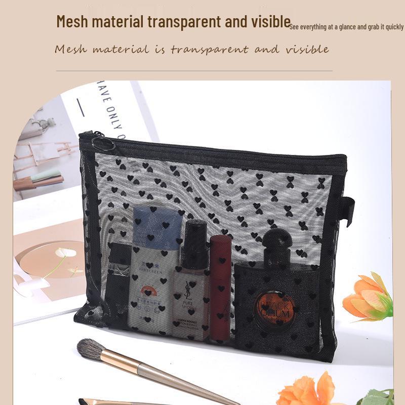 High-Value Heart Mesh Makeup Bag - Portable Lipstick & Cosmetics Storage