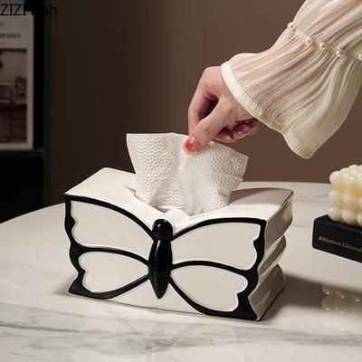 Black and White Butterfly Decorative Tissue Box Coffee Table Desk Decoration Ceramic Tissue Box Bedside Table Paper Towel Case