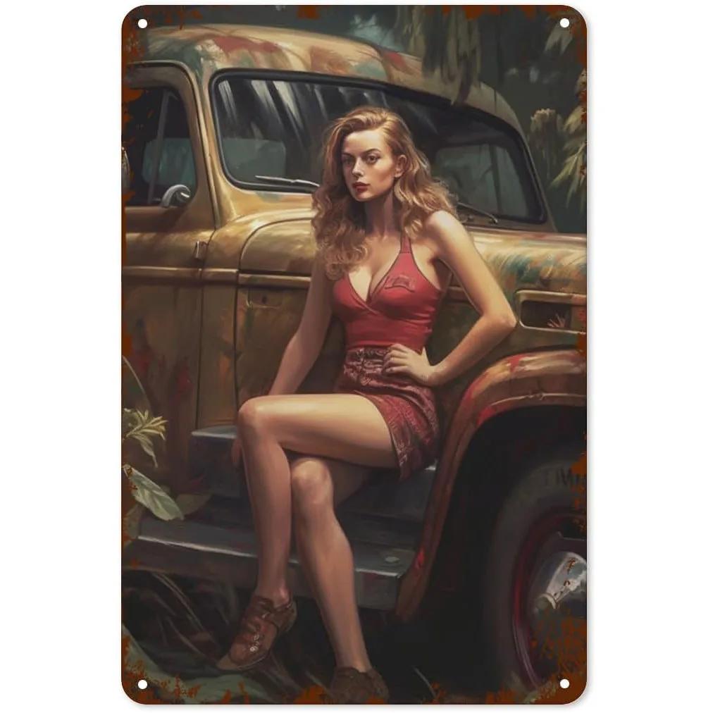 Metall Blechschilder Pinup Auto Mädchen Wanddekoration Plakette Vintage Kunst Poster Eisenmalerei für Man Cave Zuhause Café Garage Club Bar