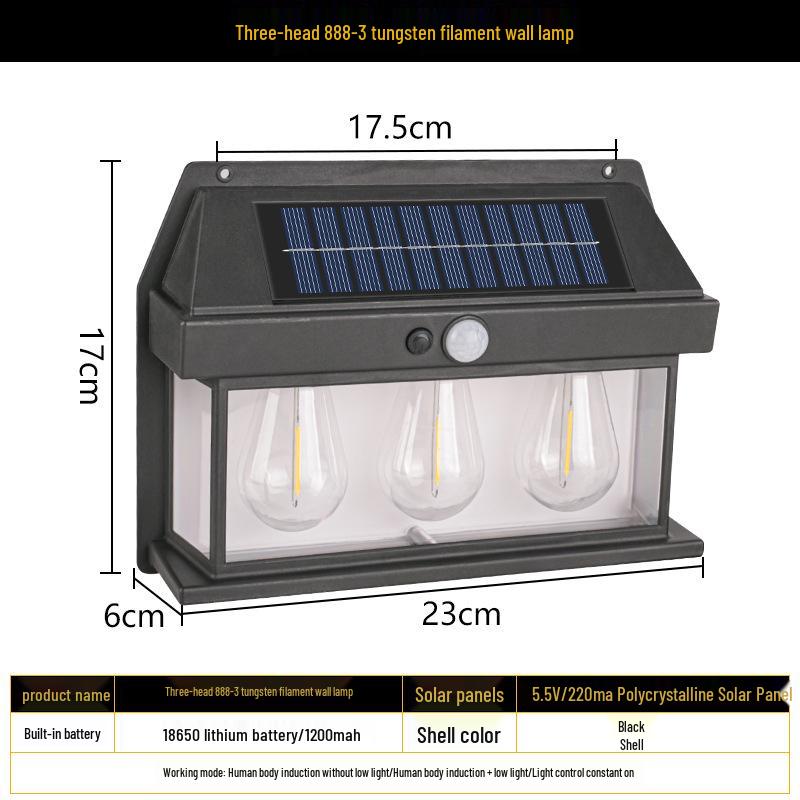 Solar Outdoor Wall Light with Human Body Sensor, Three Modes, Tungsten Filament, Waterproof for Garden or Villa Night Lighting.