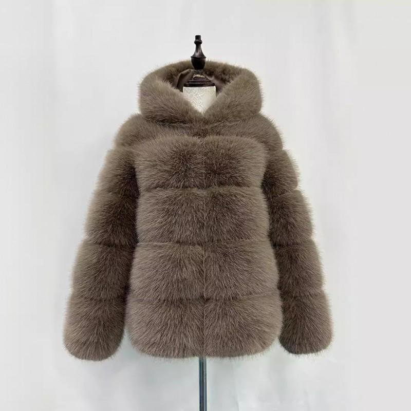 Womens Faux Fur Hooded Coat Winter Warm Casual Streetwear Jacket With Patchwork Design