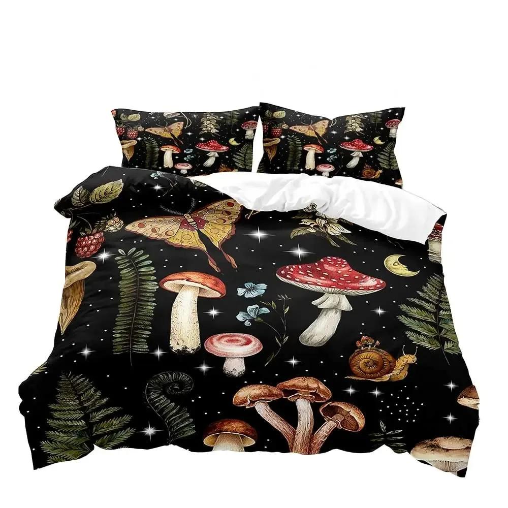 Trippy Mushroom Duvet Cover Set,Hippie Skull Bedding Set,Butterfly Moth Moon Phase Constellation Astrology Botanical Boho Theme