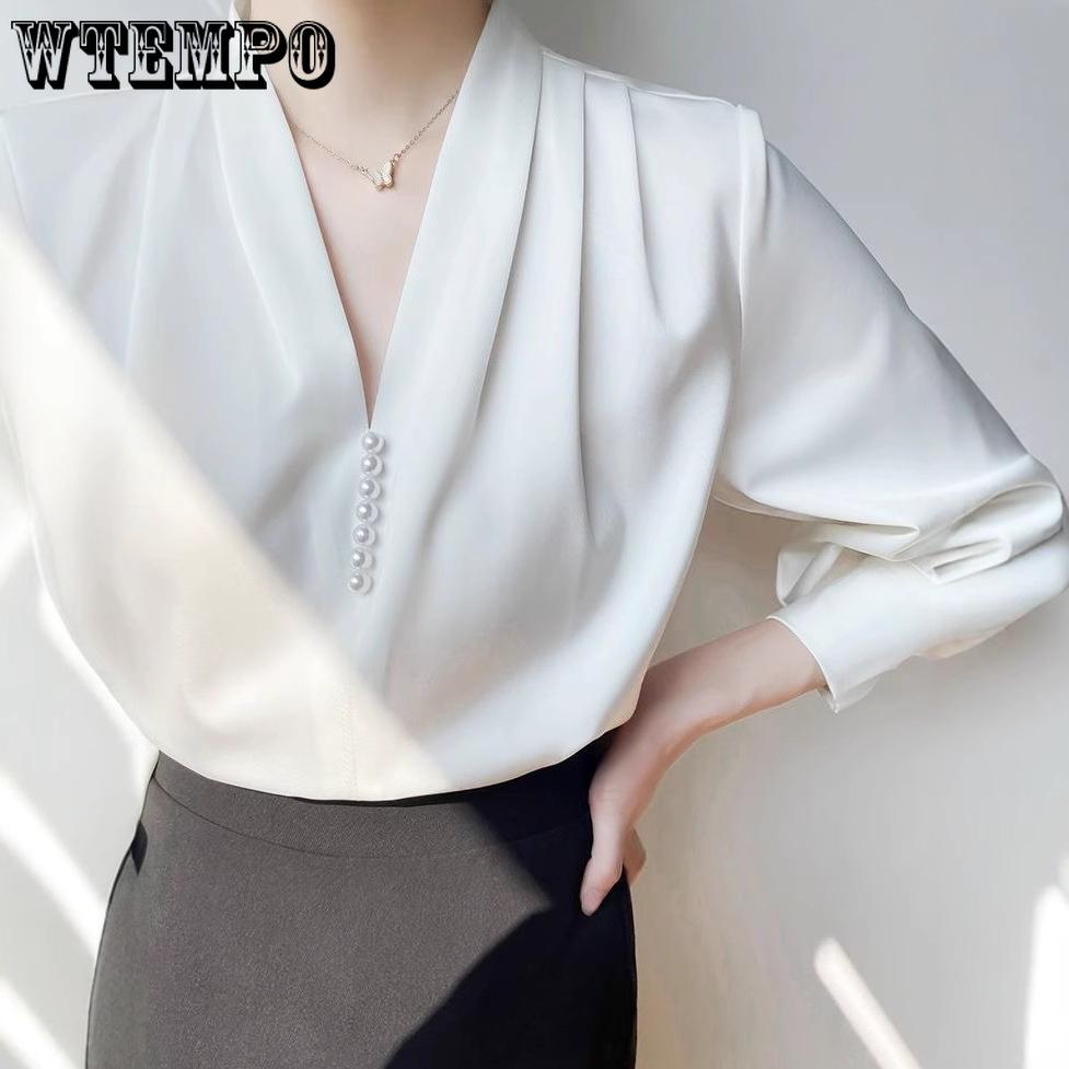 Spring/Summer V-neck Chiffon Shirt for Women OL Professional Long Sleeve Shirt for Women