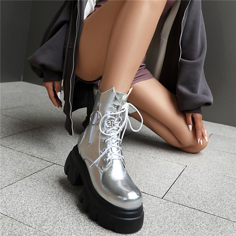 FOREADA Women Ankle Boots Round Toe Thick High Heels Platform Zipper Lace-up Short Boots Ladies Fashion Shoes Autumn Winter 44