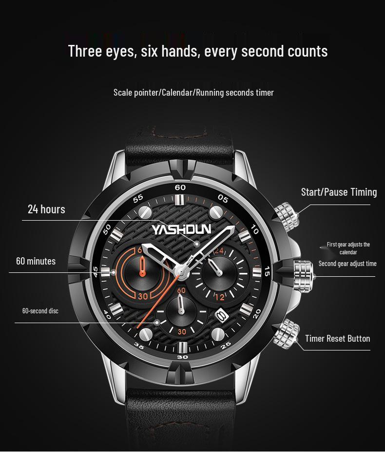 Men's Multi-functional Quartz Sports Watch with Genuine Leather Band
