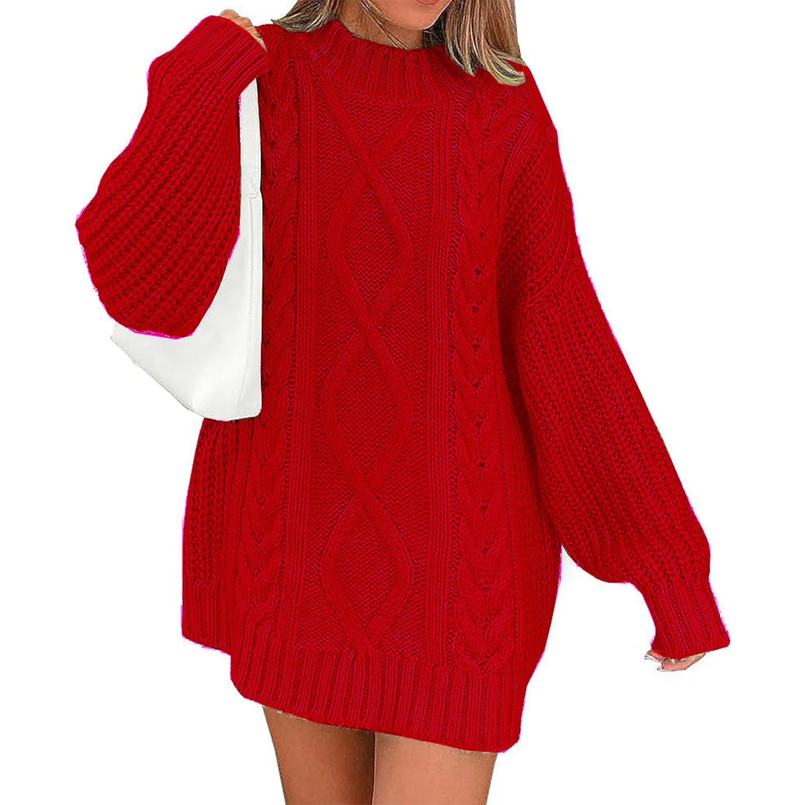 Women s Fashion Oversized Knit Short Sweater Dress Long Sleeve Crewneck Sweater Loose Knitted Dress S красный