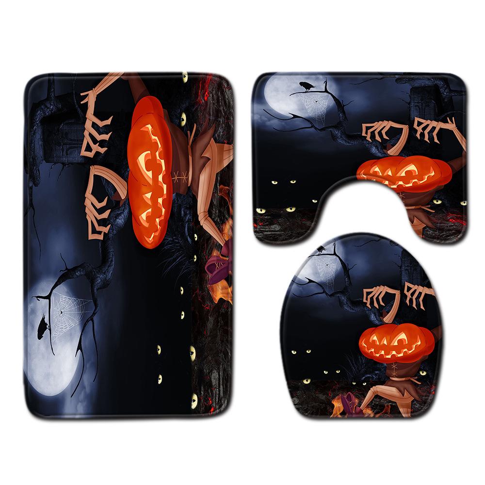 Halloween Shower Curtain Floor Mat Combination Four-Piece Set Bathroom Toilet Carpet Shower Room Foot Mat
