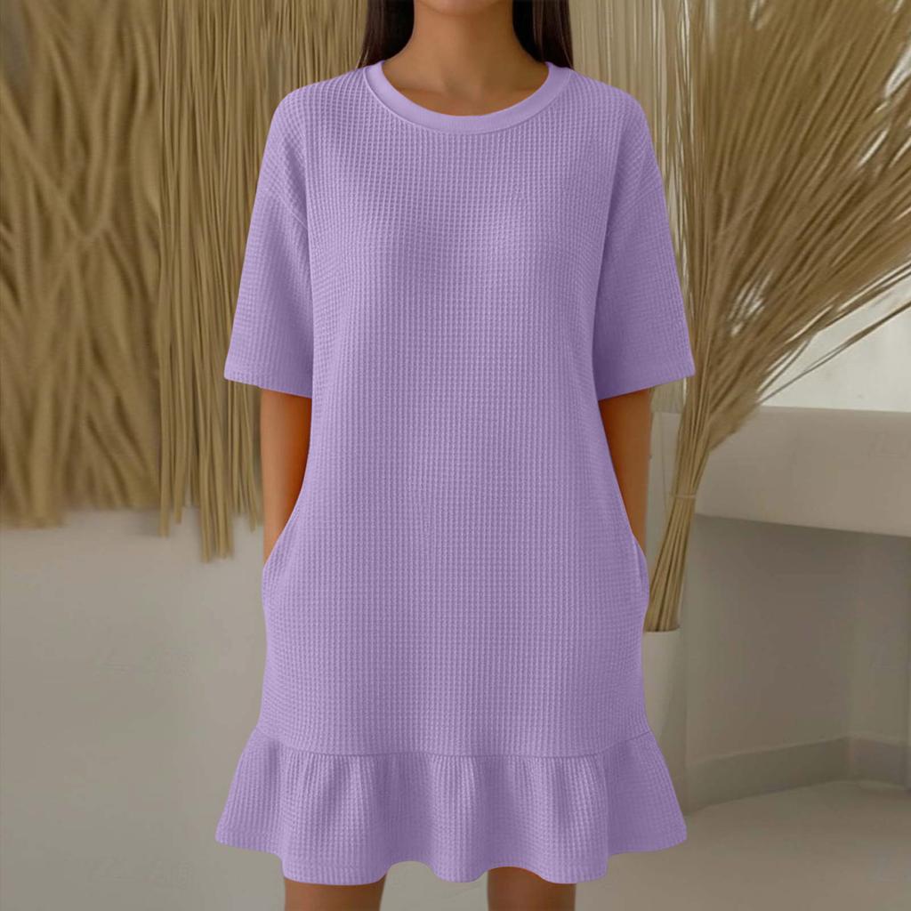 Women Casual Summer Dress Short Sleeve Crew Neck Mini Dress Ruffle Hem Dress Flowy Beach Sundress