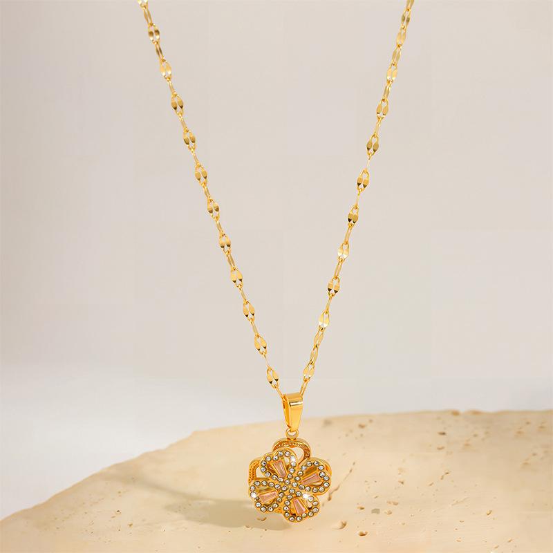 Necklace Female Rotating Clover Zircon Flower Stainless Steel Necklace Niche Temperament Design Versatile Necklace