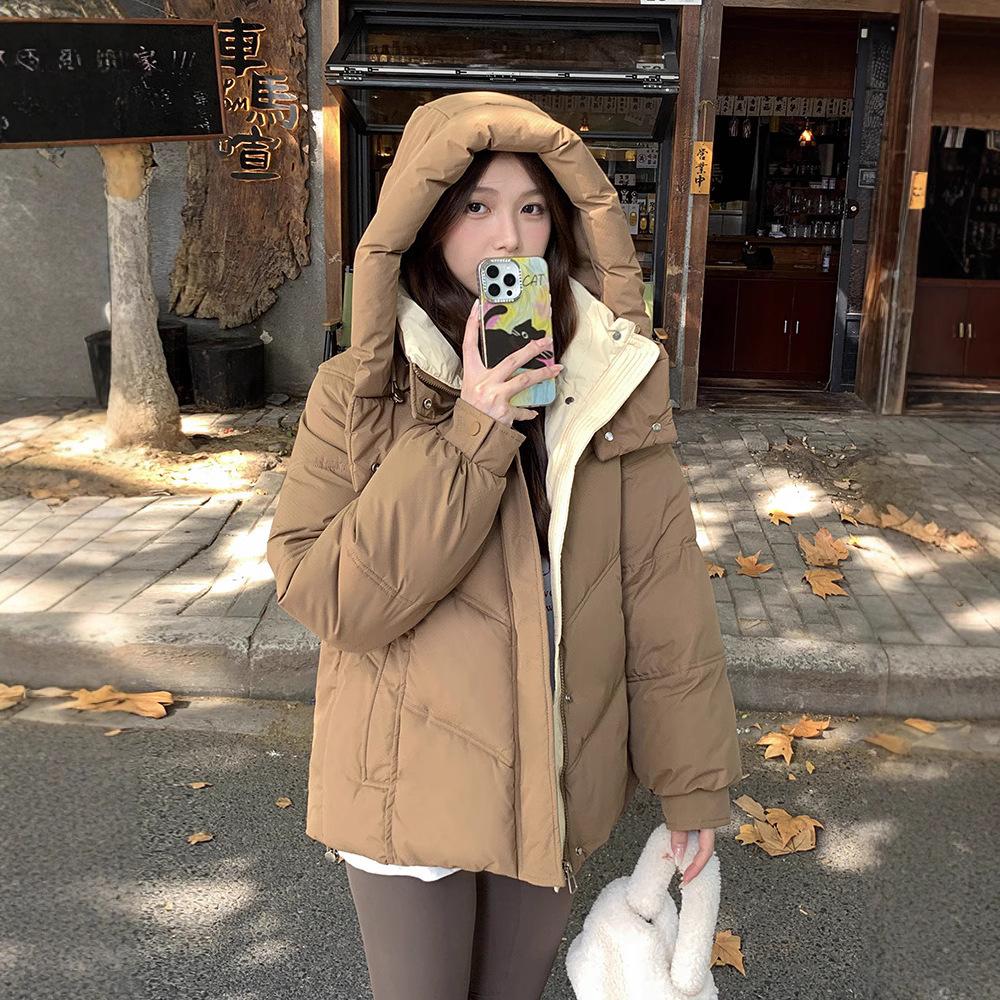 Women's Long Sleeve Hooded Jacket Hood Collar Sweet Style Loose Fit Puffer Coat Winter Warm Cotton Padded Outerwear