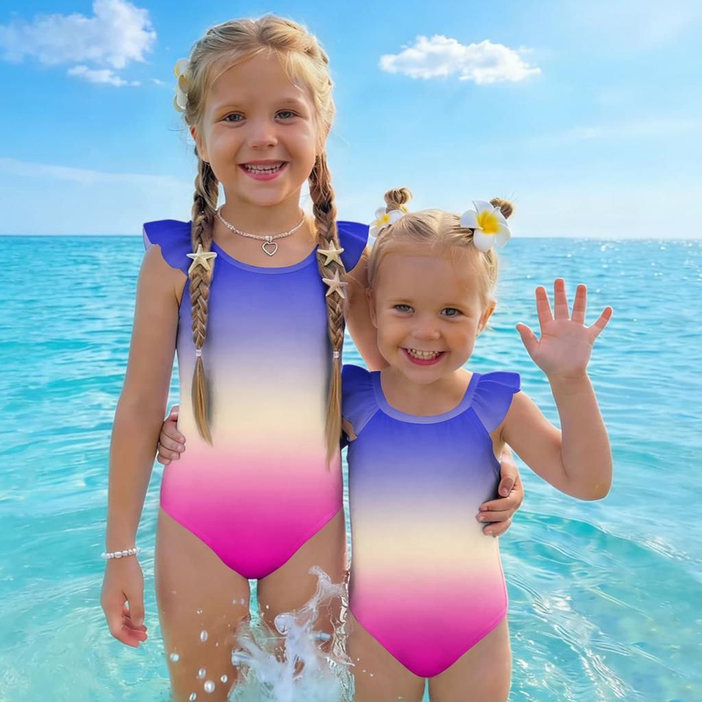 Girls One Piece Swimsuit Gradient Print Sleeveless Ruffle Shoulder Swimwear Summer Beachwear Kids Bathing Suit