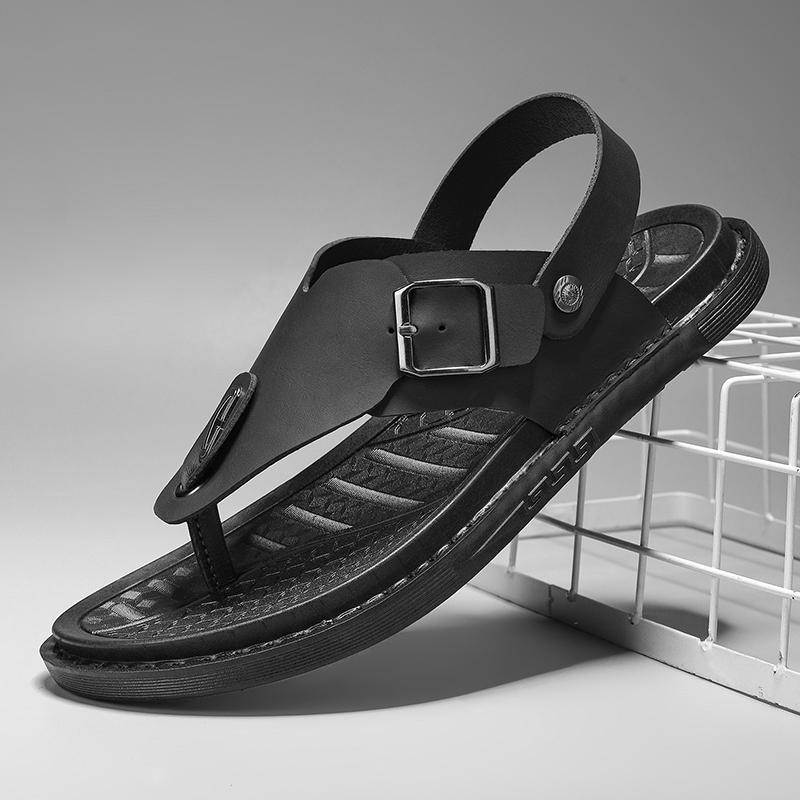 Fashion 2025 New Men's Genuine Leather Outer Wear Summer Casual Slippers Beach Shoes Anti-Slip Clip-On Slippers Soft Bottom Durable