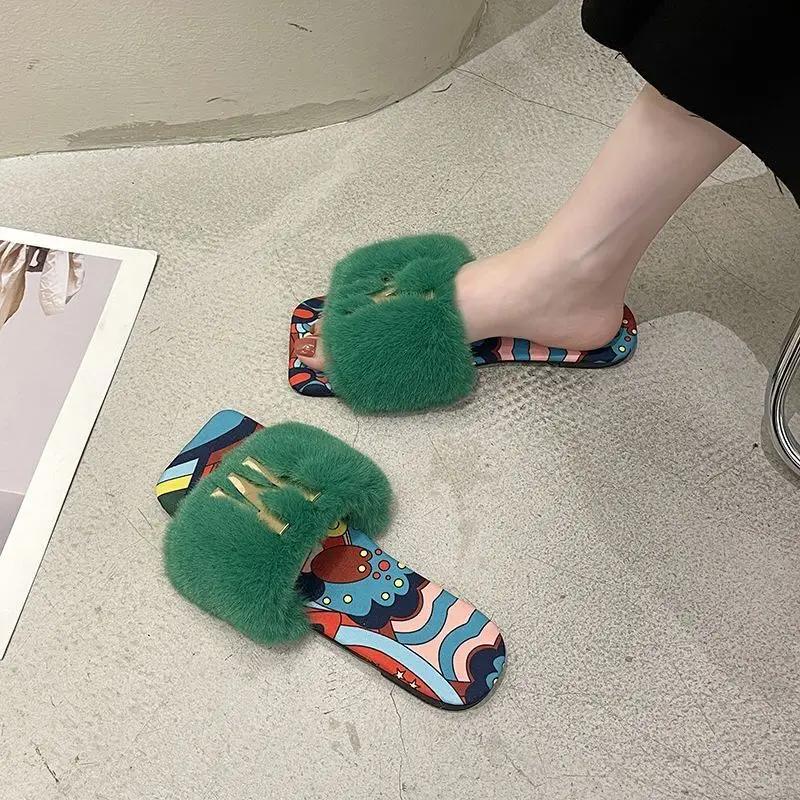 

Тапочки большого размера женские осенне-зимние новые плюшевые шлепанцы женские балетки на плоской подошве тапочки женские на одно слово в корейском стиле домашние de mujer 42 темно-зеленого