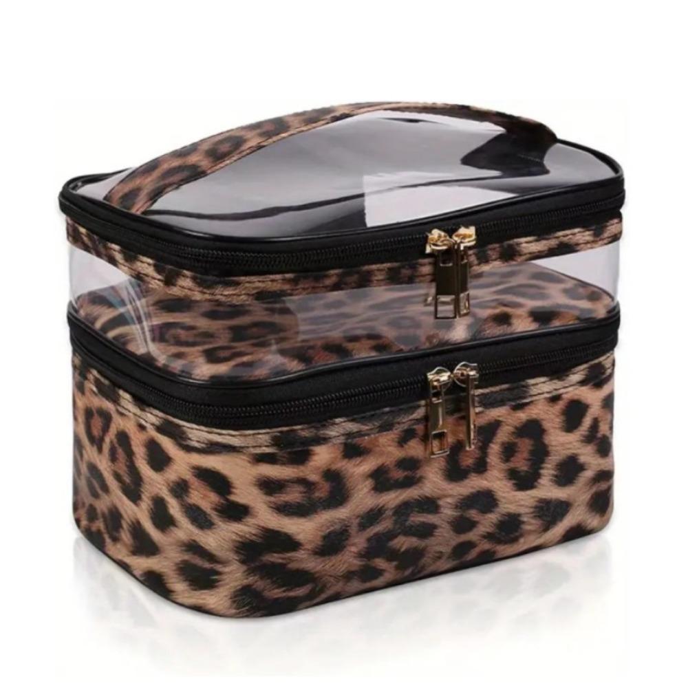 

Leopard Print Makeup Bag PVC Transparent Waterproof Toiletry Bag Double-Layer Large Capacity Cosmetic Storage Bag Travel