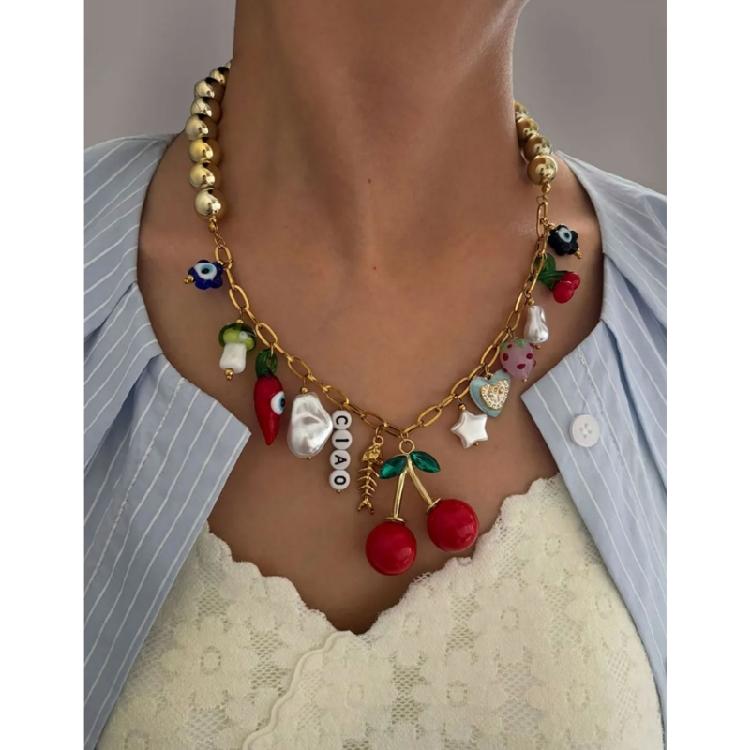 Whimsical Cherry Charm Necklace Dopamine Style Jewelry Sturdy Stainless Steel Chain For Everyday
