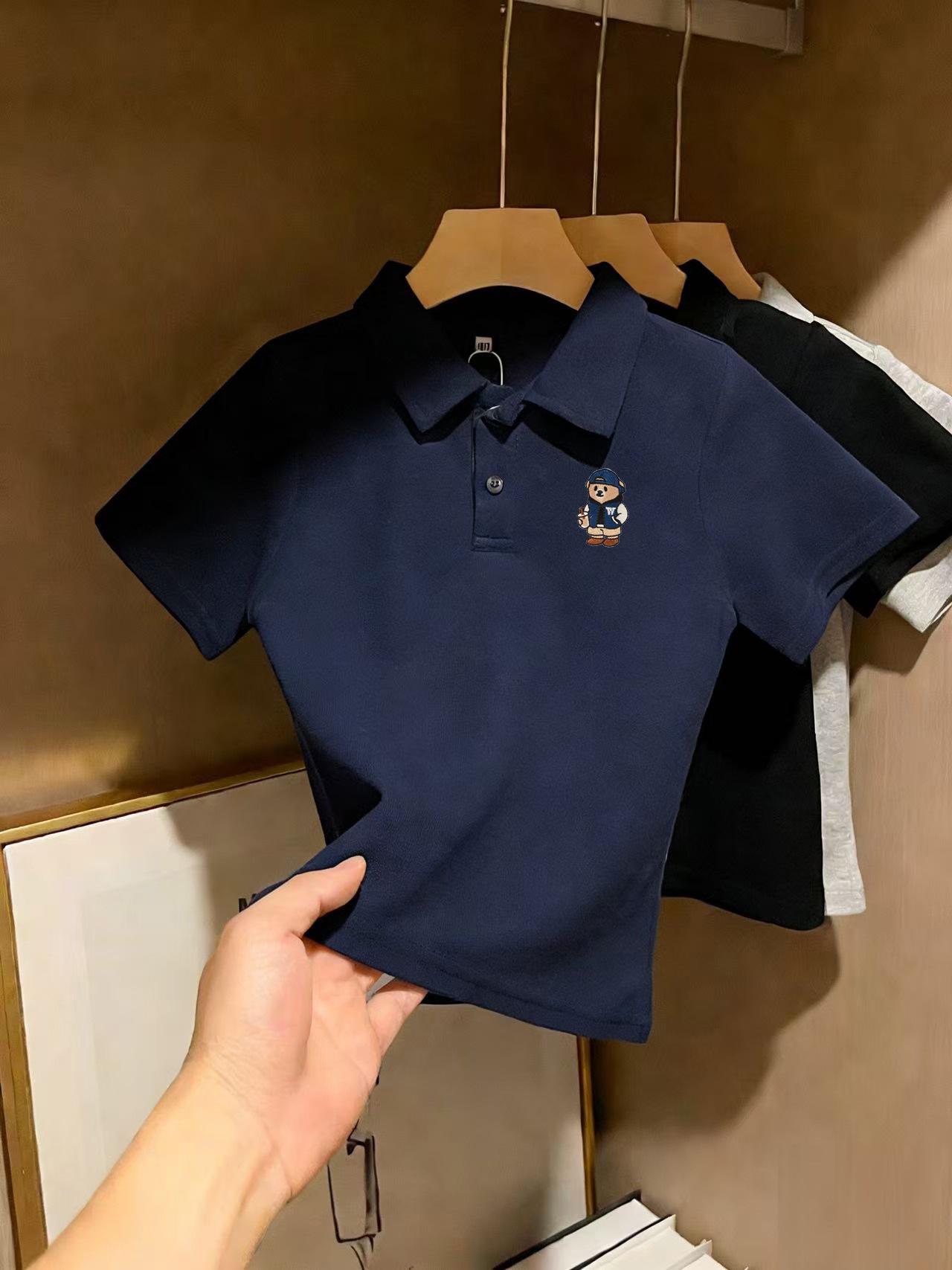 Boys Summer Cotton Polo Shirt Cute Bear Print Short Sleeve T-Shirt Kids Stylish Collar Top 90