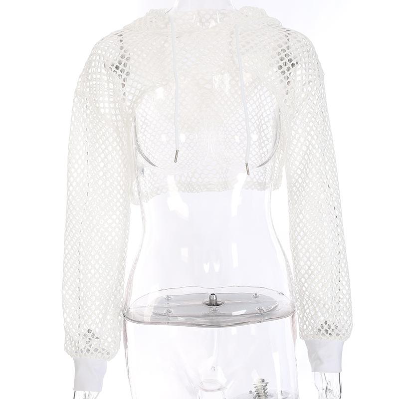 Women's Fashion Sexy Mesh Hollow Out Short Hooded Mesh Smock