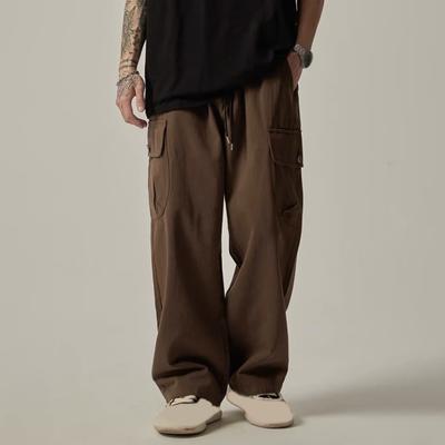 Men Cargo Pants with Multi-pocket American Style Straight Wide Leg Loose Drawstring Elastic Waist High Street Trousers for Travel Daily