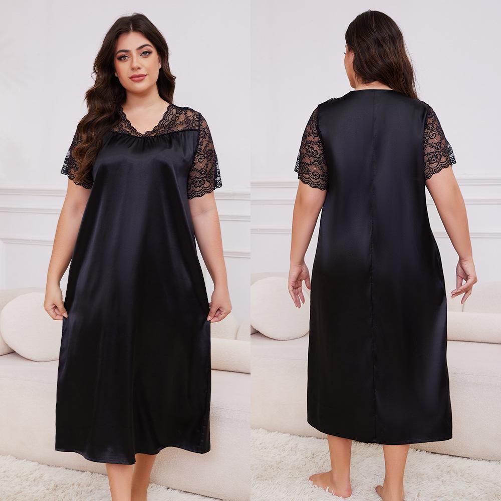 Women's Plus Size Ice Silk Short Sleeve Nightgown - Spring/Summer Home Wear