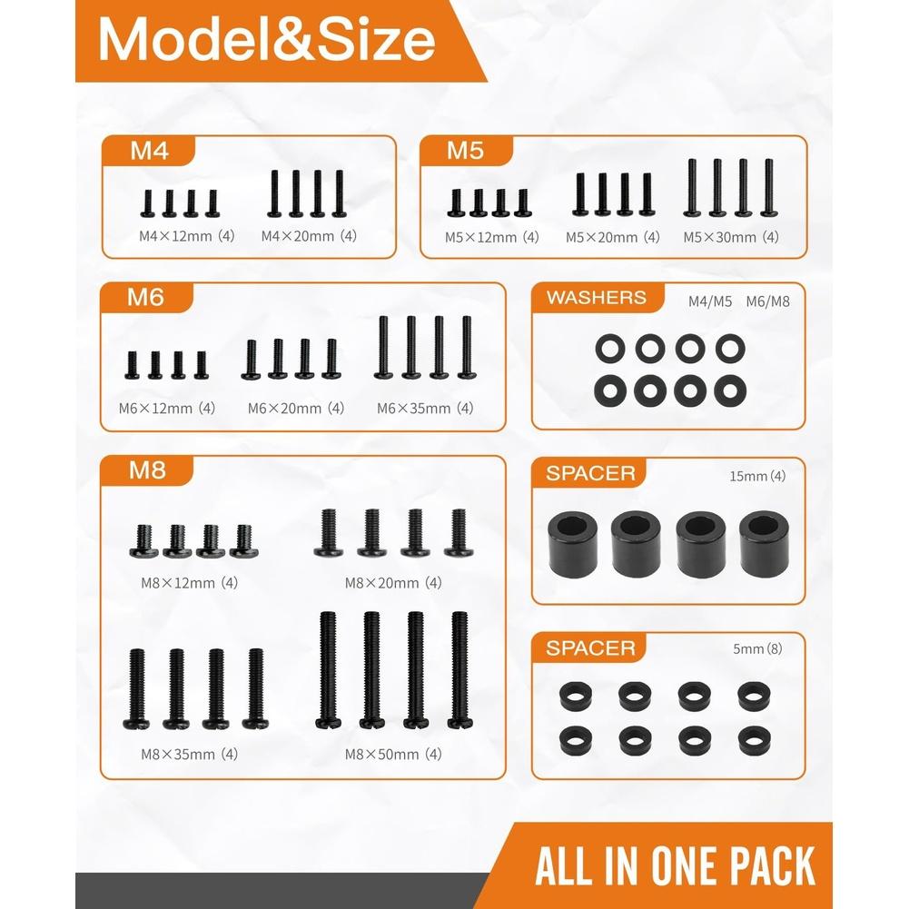 92PCS TV Mounting Hardware Kit With M5 M6 M8 Flat Head Screw & Hex Nut Washers Spacers For Flat Computer Bolt Nut Set