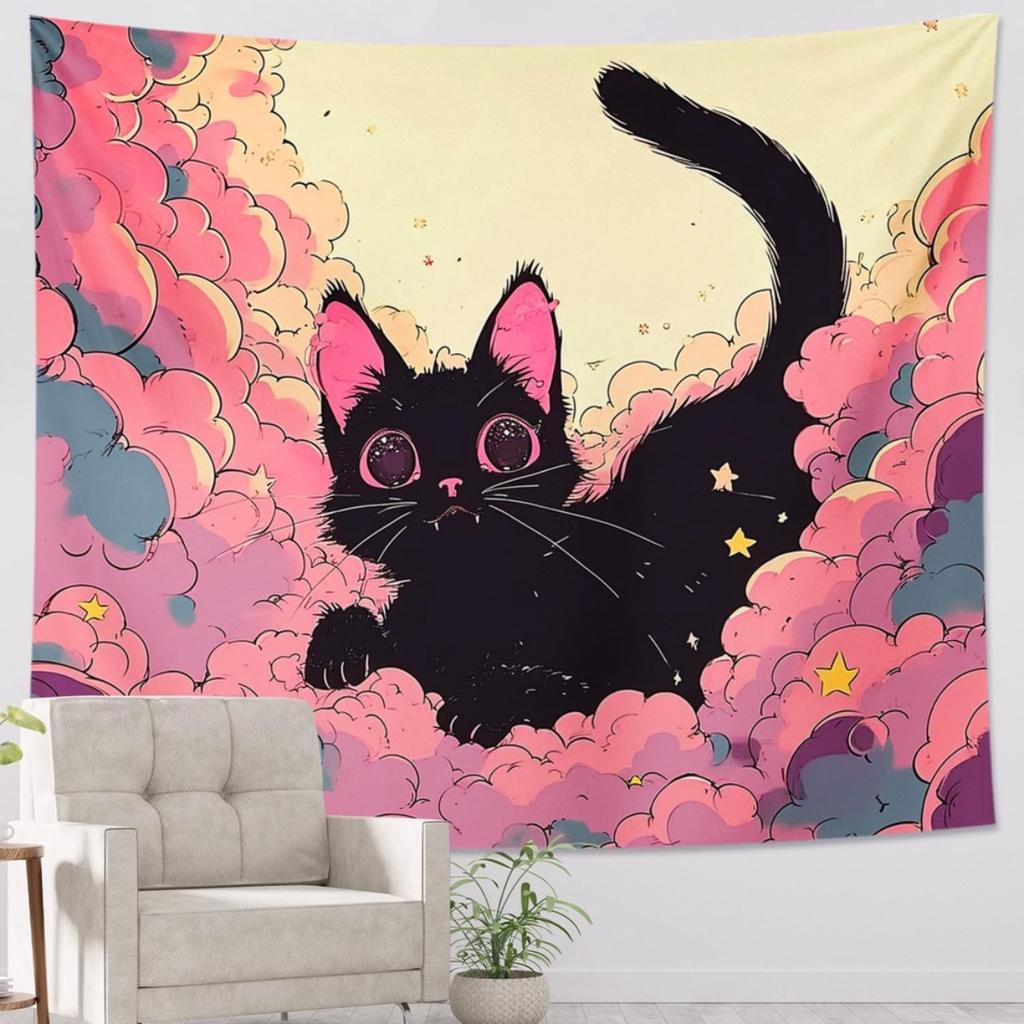 Black Cat in Pink Clouds Tapestry, Dreamy Kawaii Aesthetic Wall Hanging, Cute Pet Decor for Bedroom Dorm Living Room