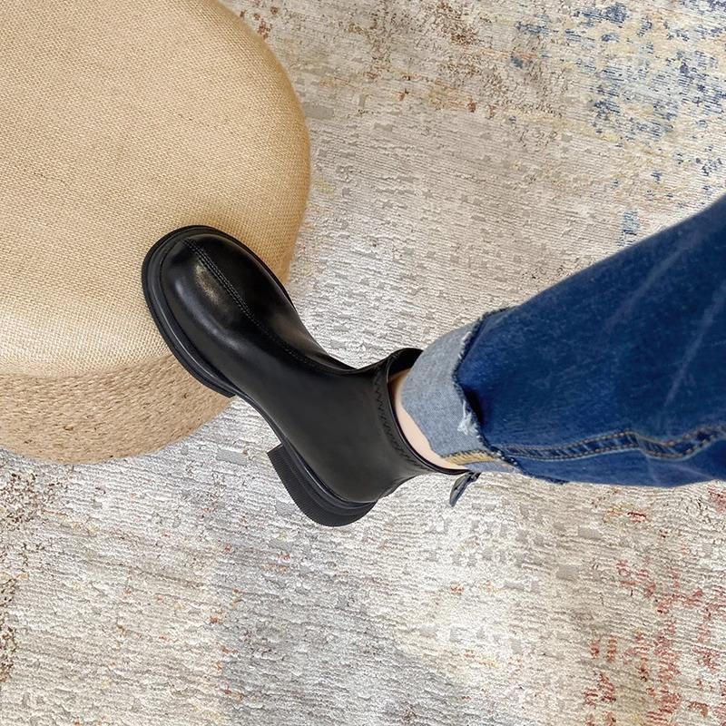 Bőr bokacsizma női vastag sarok 2025 új tavaszi és őszi elasztikus vékony csizma egycsizma vastag talpú brit Martin csizma