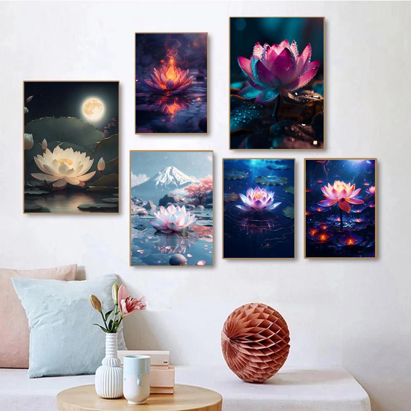 Vintage Scenery Flowers Summer Lotus Lotus Lotus Leaf Moonlight Poster Canvas Painting Wall Art Pictures Home Decor