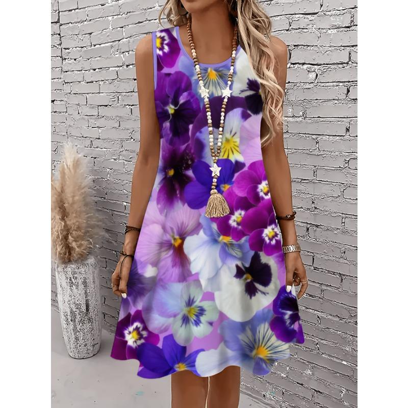 Women's Floral 3D Print Sleeveless A-Line Dress Summer Casual Bohemian Beach Dress Vibrant Y2k Ladies Clothes Dresses Woman Tops