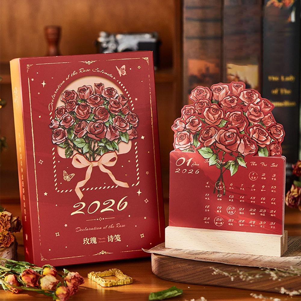 

Portable 2026 Desk Calendar Rose Painting With Wooden Base Mini Calendar Card Insert Monthly Planner Office School Supplies