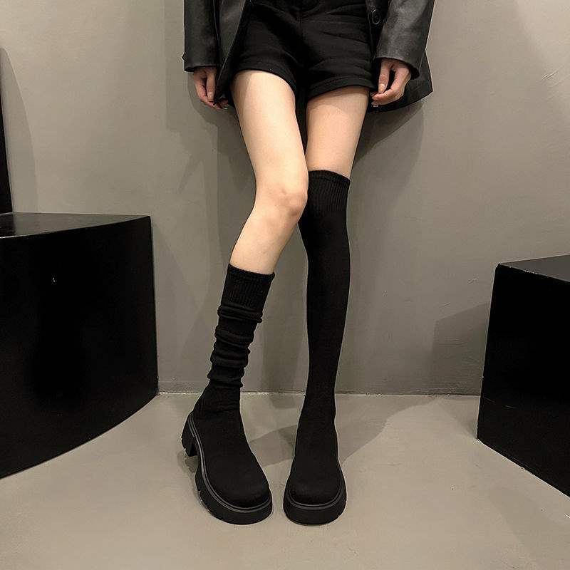 Grey Boots Women's Tall Boots Socks New Shoes Elastic Boots Socks Boots Elastic Socks Knee Knitted Boots