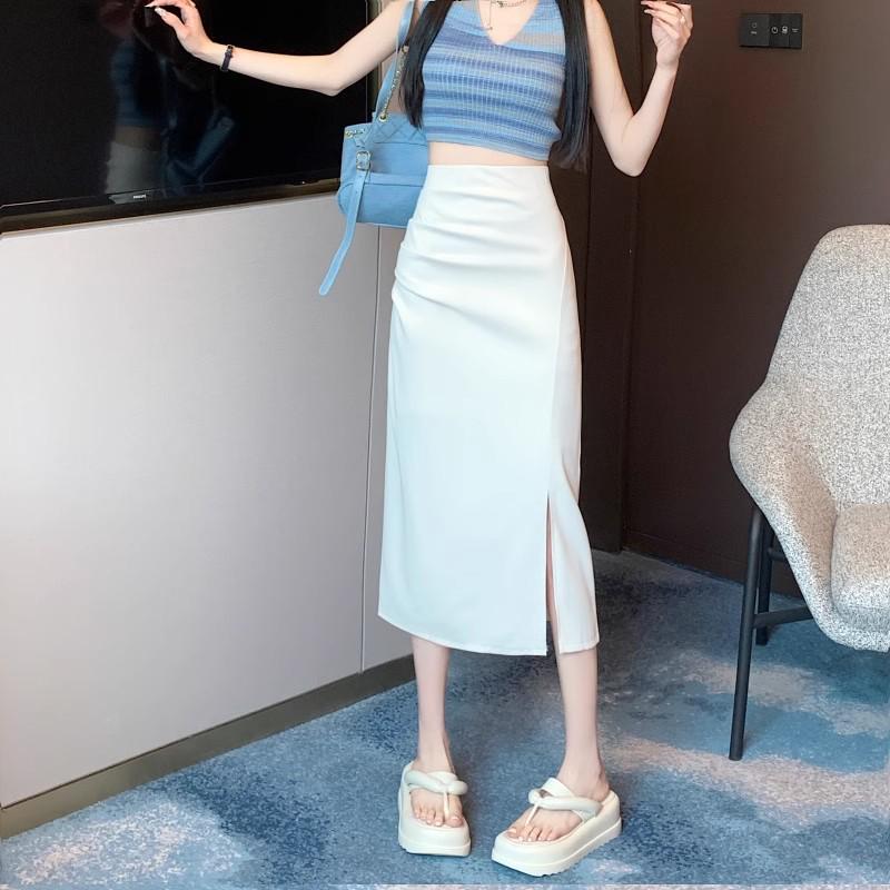 Fusta plisată în formă de A roz pentru femei: Talie înaltă, lungime mijlocie, design cu fante